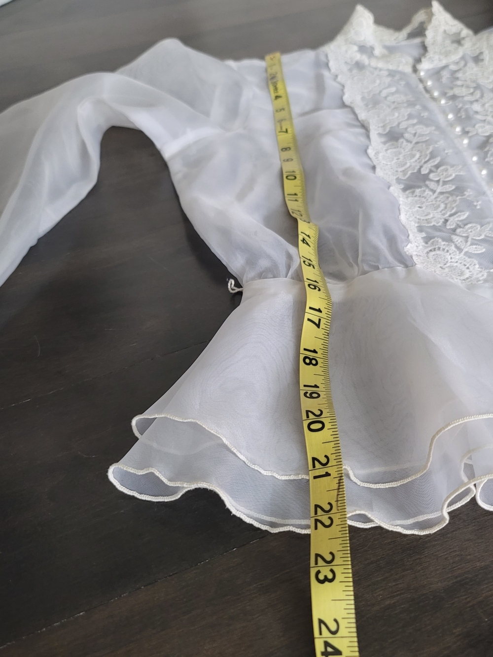 VINTAGE Shelley Johnson Twin Peaks Sheer Peplum Blouse Lace Trim Pearl Buttons - Picture 4 of 15